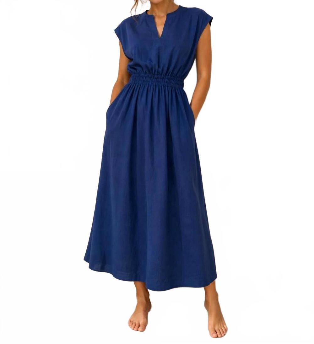 NEW THE KORNER smocked waist v neck maxi dress in navy